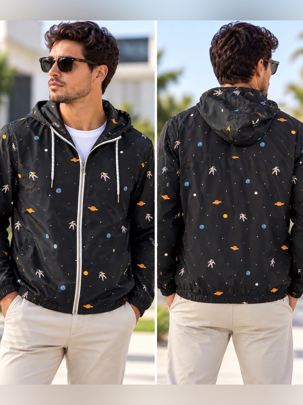 🌙✨🆕 Men’s Space Print Hooded Windbreaker Jacket M